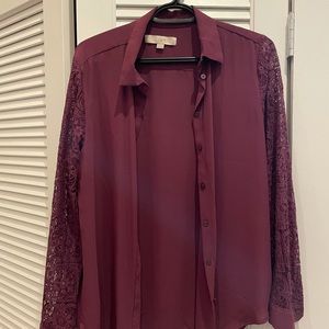 LOFT maroon button up shirt with lace sleeves